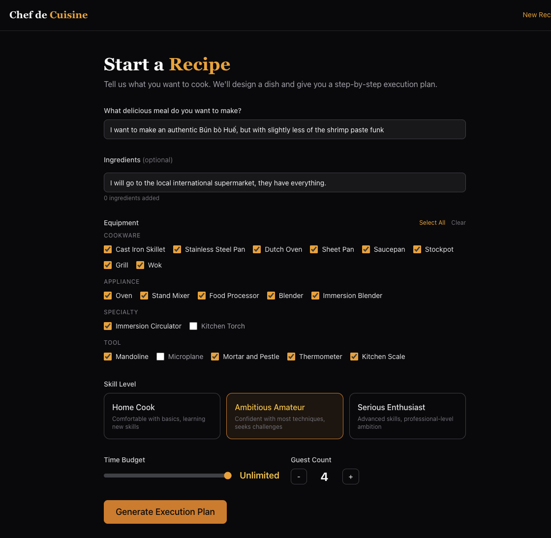 Chef de Cuisine recipe input interface