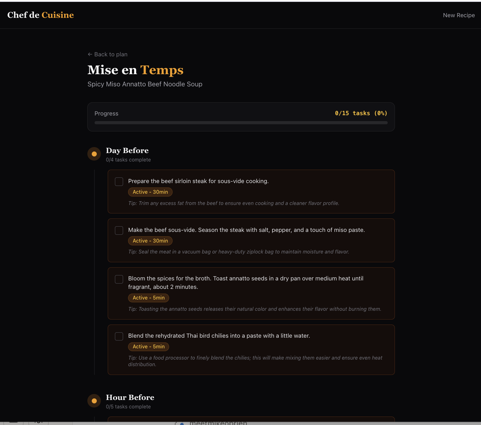 Chef de Cuisine Mise en Temps cooking timeline